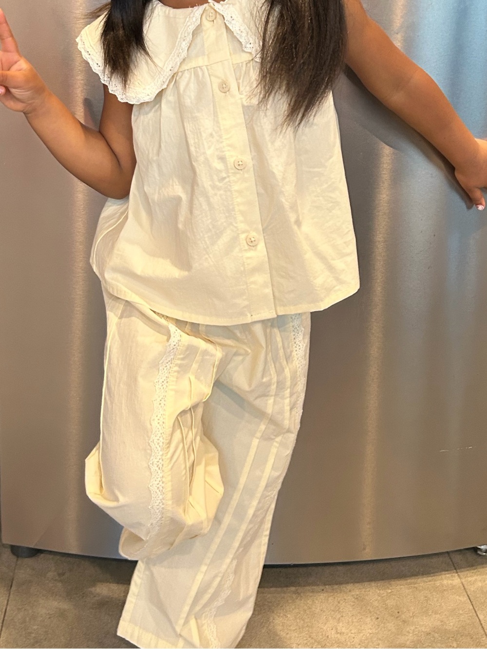 Cream Two-Piece Girls Set with Peter Pan Collar